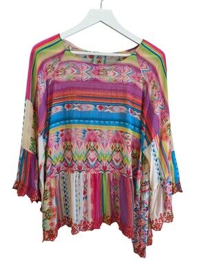 Johnny Was Porcelain Peplum Top XL Petite PXL Crochet Flare Sleeve Colorful Boho